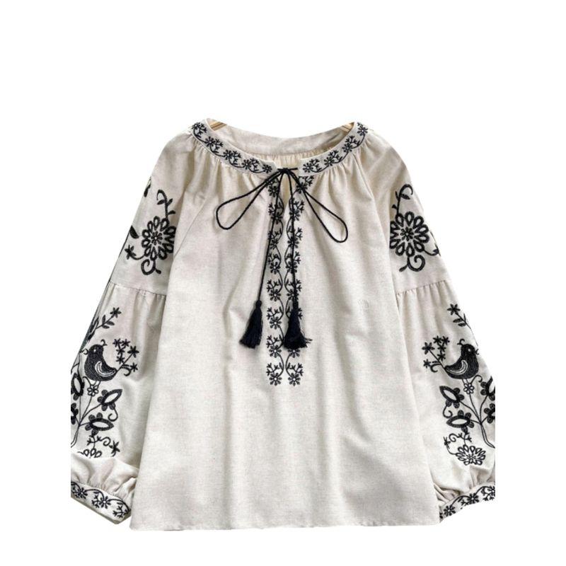 Ethnic Style Retro Machine Embroidery Shoelace Tassel round Neck Loose Slimming Youthful-Looking Puff Sleeve Top Women's Holiday Shirt