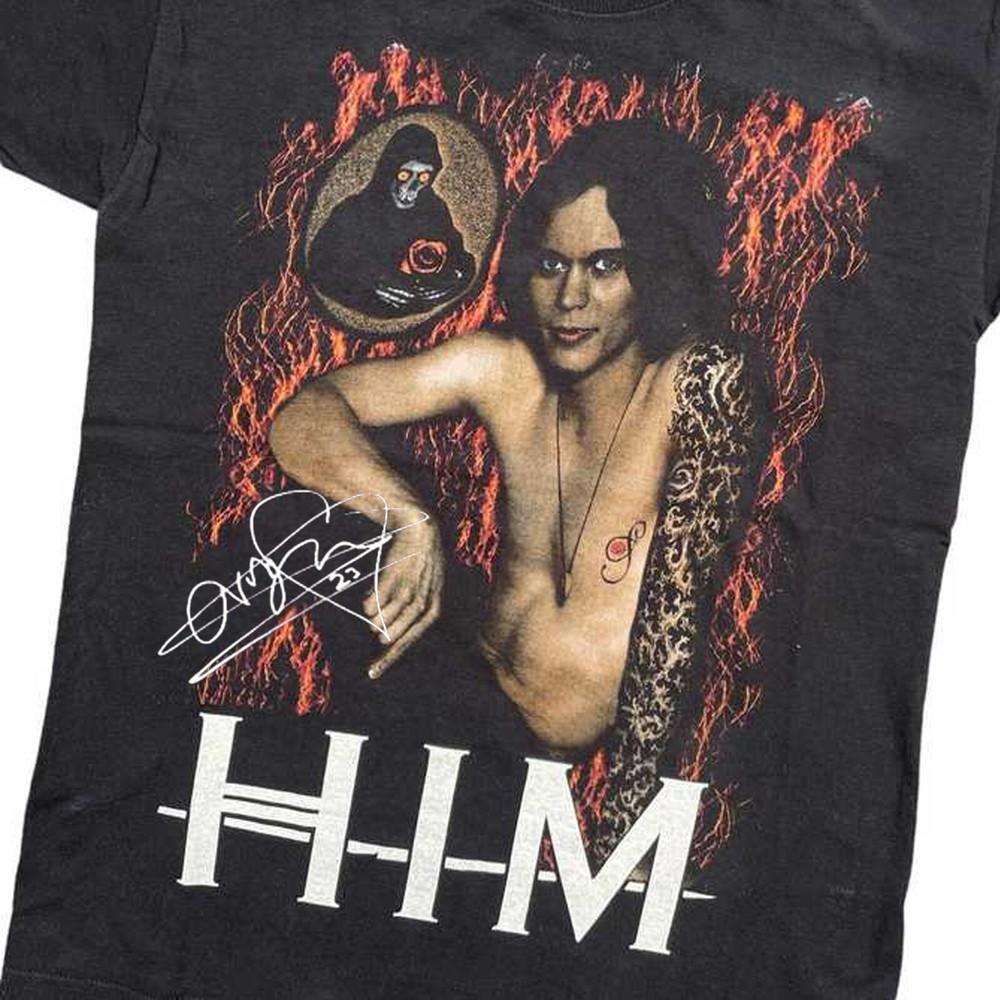 Винтаж Футболка группы HIM Ville Valo Плотный Хлопок Черная Полный Размер Унисекс Футболка CG955 XXXL