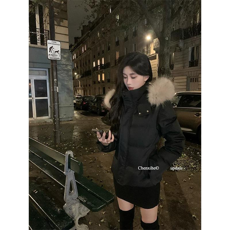 Down jacket women's new short big fur collar waist slim fit small white duck down thickened winter coat