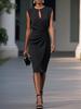 2026 European and American women's clothing, retro temperament cross solid color knotted round neck hollow dress