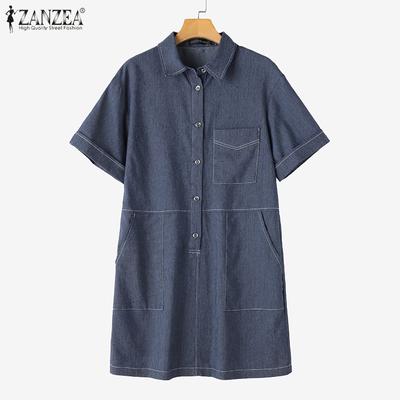 Women Korean Casual Shirt Collar Fashion Pockets Short-Sleeved Shirt Dress