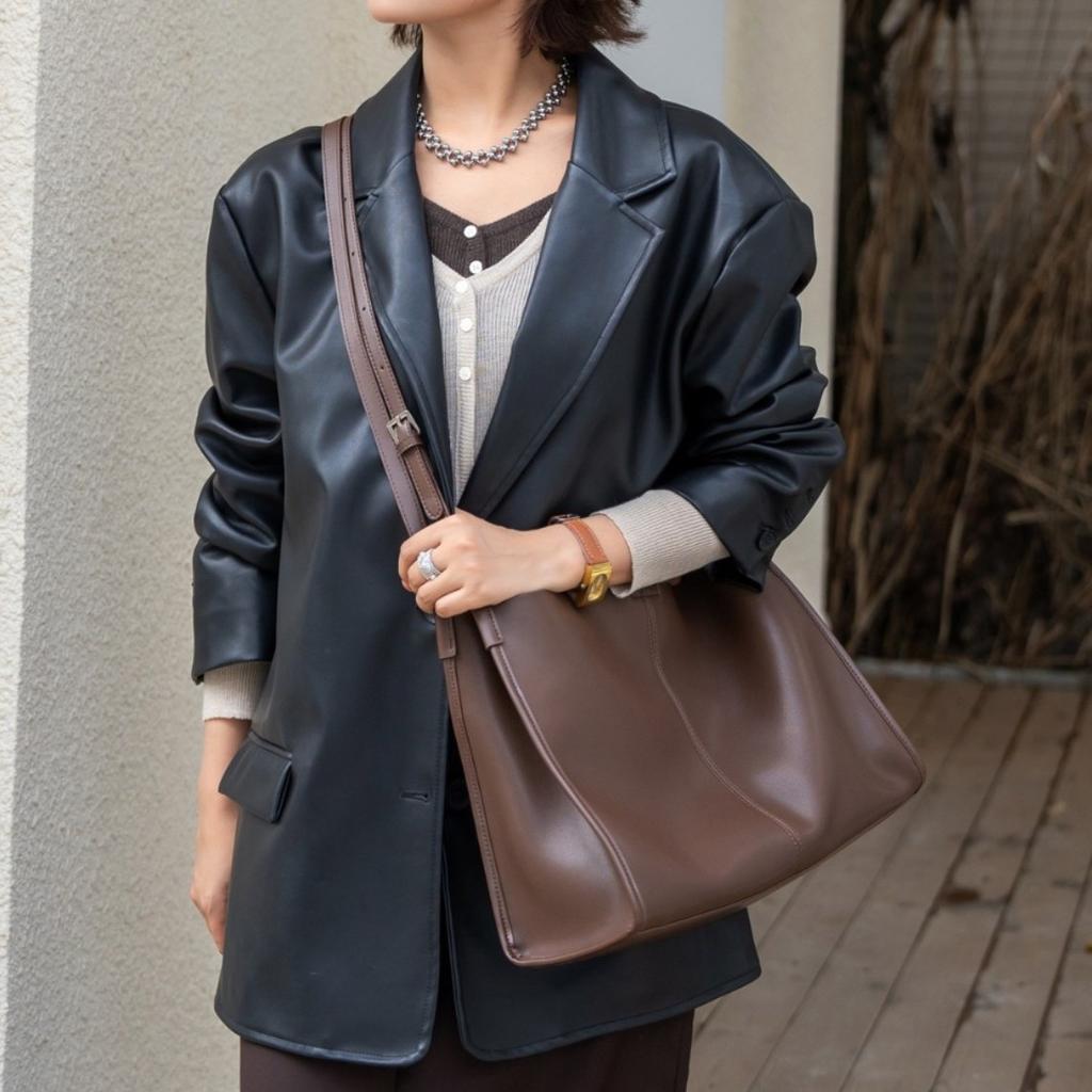 Cowhide Bag New Autumn and Winter Vintage Leather Women's Bag Tote Bag Versatile Texture Commuting Hand-held Shoulder Bag