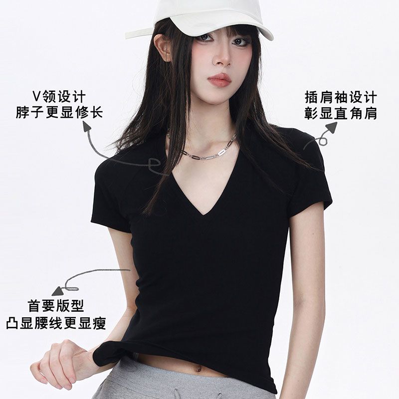 New Solid Color Hottie Short-sleeved T-shirt for Women Slim Fit Casual Versatile Design Pullover Top for Women
