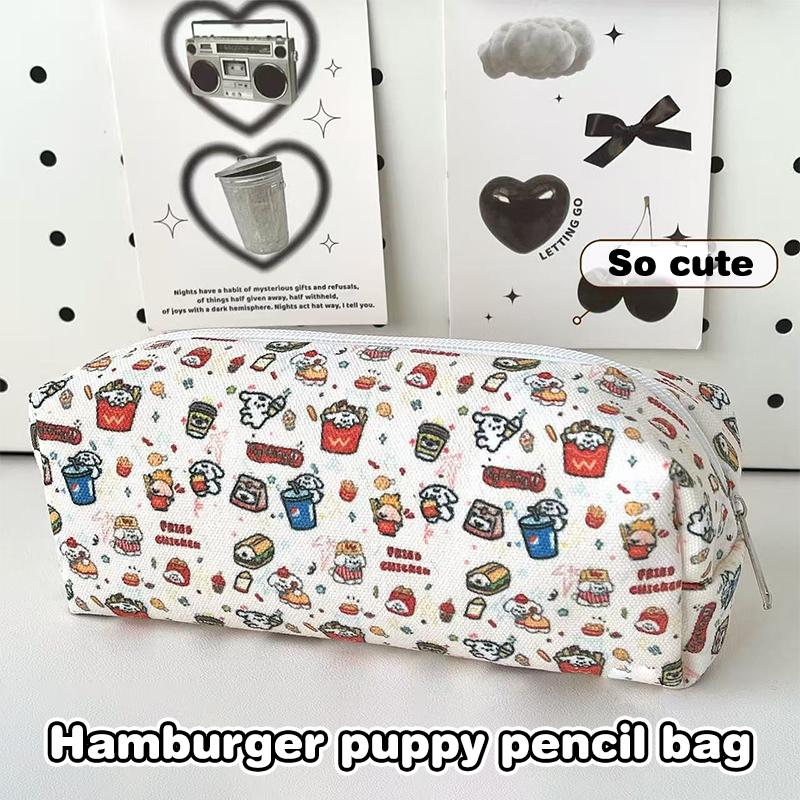 Cute Burger Dog Printed Pencil Case Large Capacity Portable Storage Bag Stationery Makeup Bag Gifts