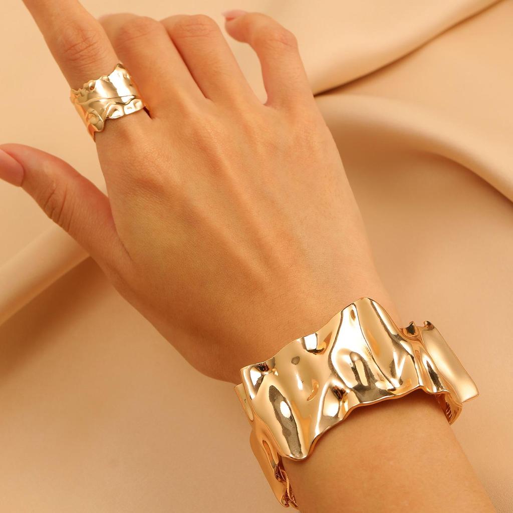 Bold Leopard Print Geometric Bangle & Ring Set - Adjustable Hand Jewelry for Women