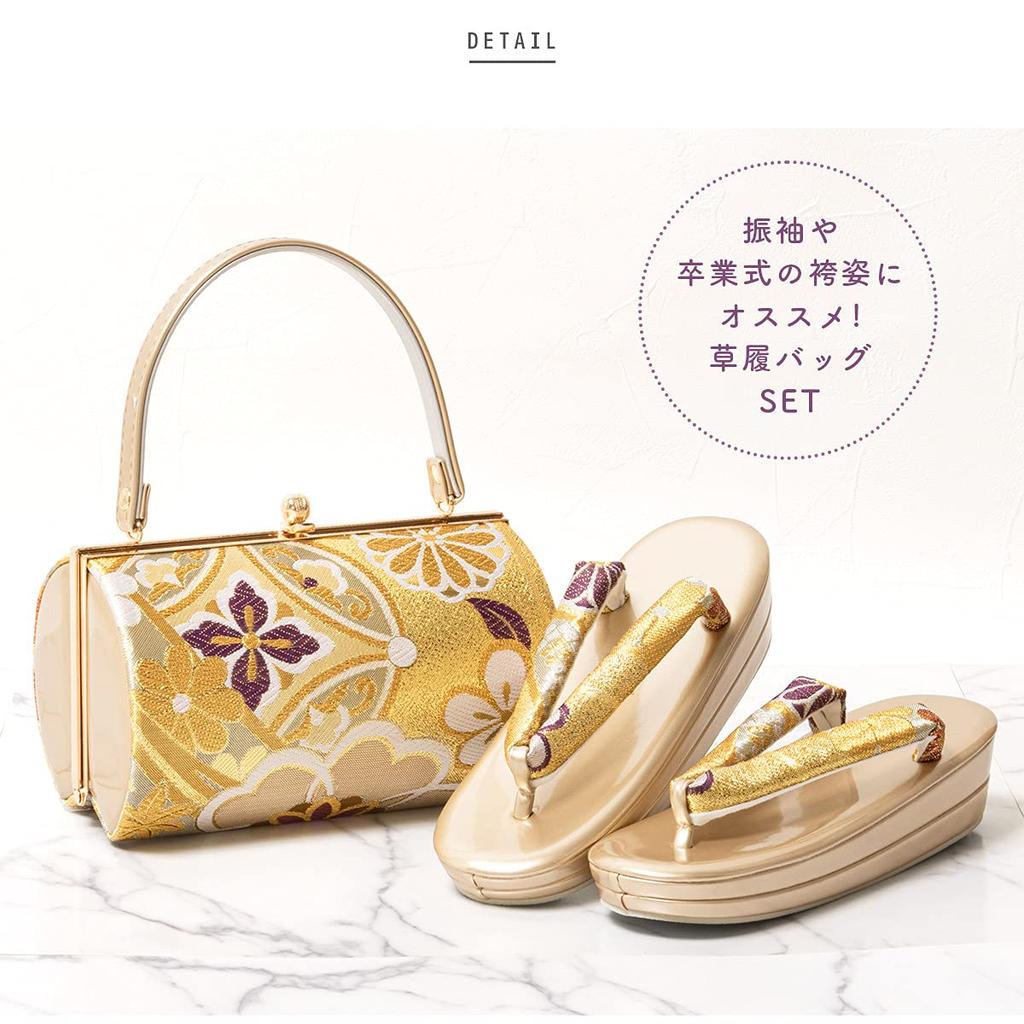 Sandals and bag set for obi formal Japanese cherry blossom and chrysanthemum mirror back x gold [SOUBIEN] coming-of-age ceremonies, long-sleeved