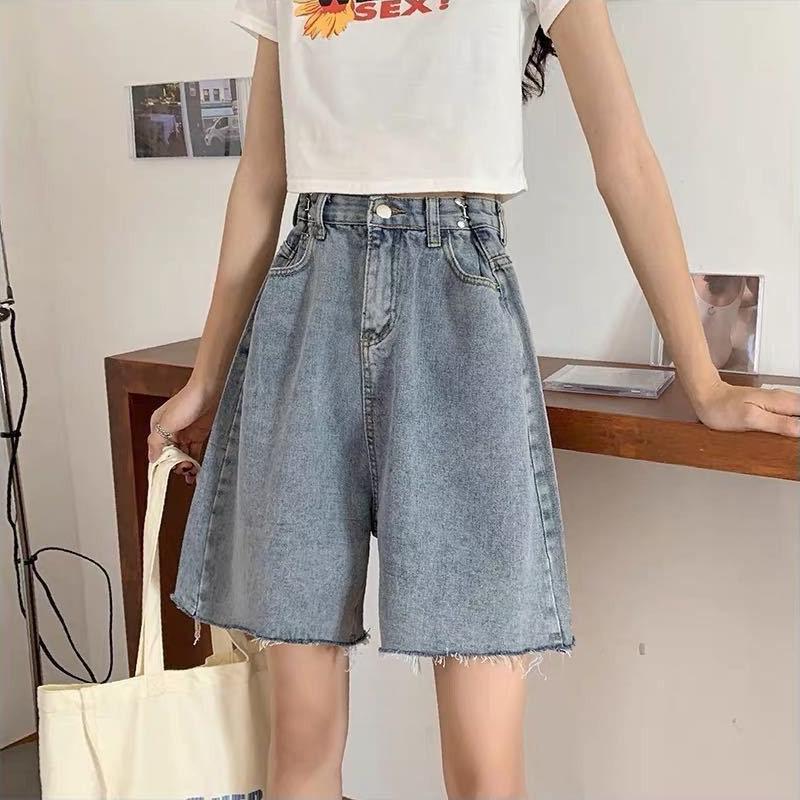 

Рваные джинсовые шорты женские летние брюки с пятью точками свободные прямые тонкие широкие брюки с высокой талией женские S синий