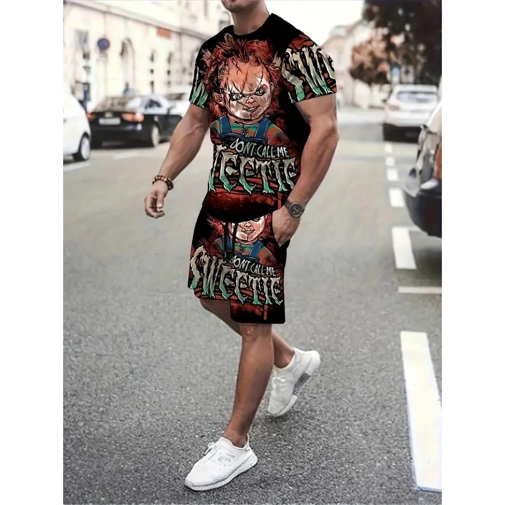 Summer Men Hip Hop Style Printed Men's Crew Neck T-shirt Shorts Set  Fashionable Cartoon Print Street Casual Everything