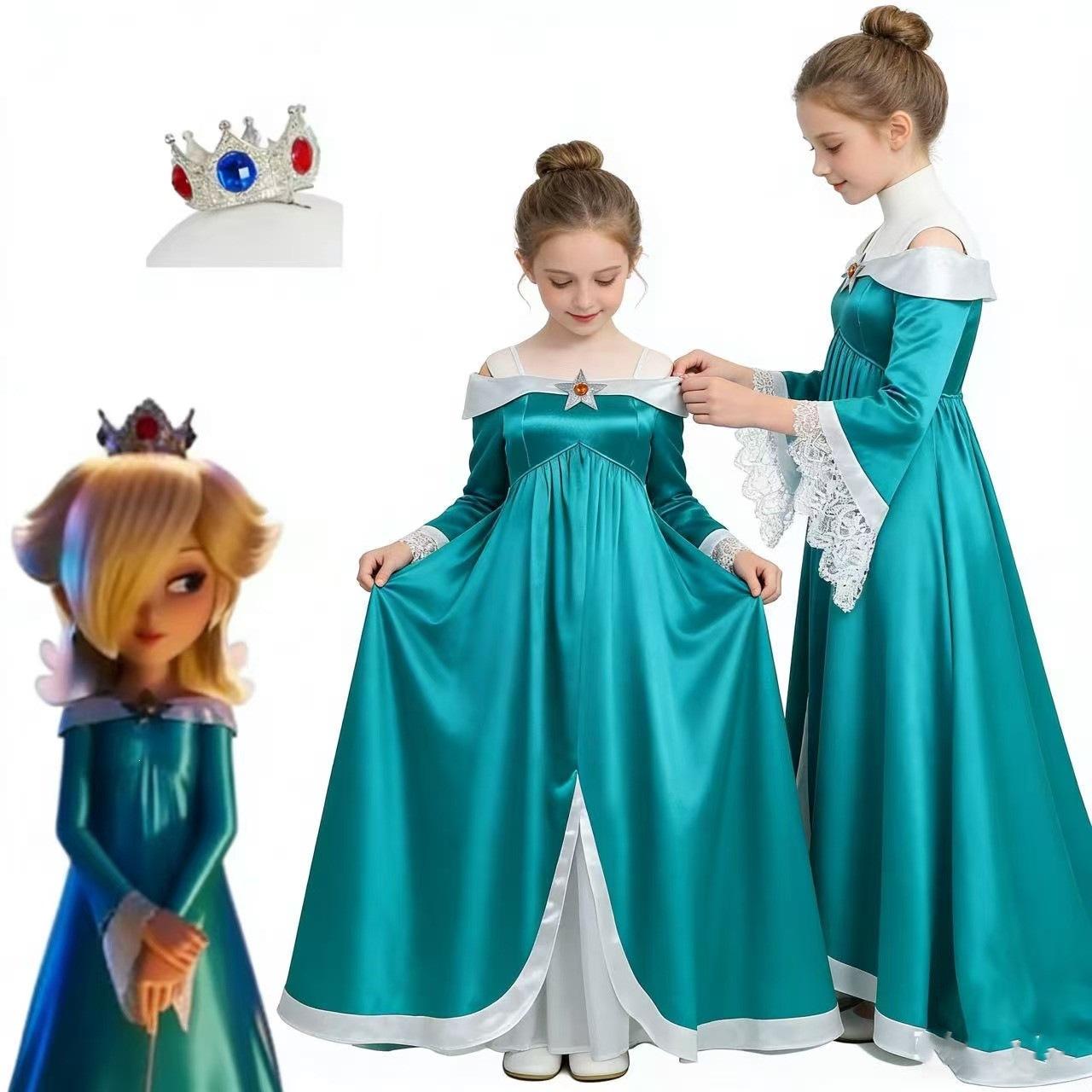 girls  Teal Satin Long Sleeve Off Shoulder Rosalina Cosplay Princess Dress Kids Halloween Party Costume Gown 100cm
