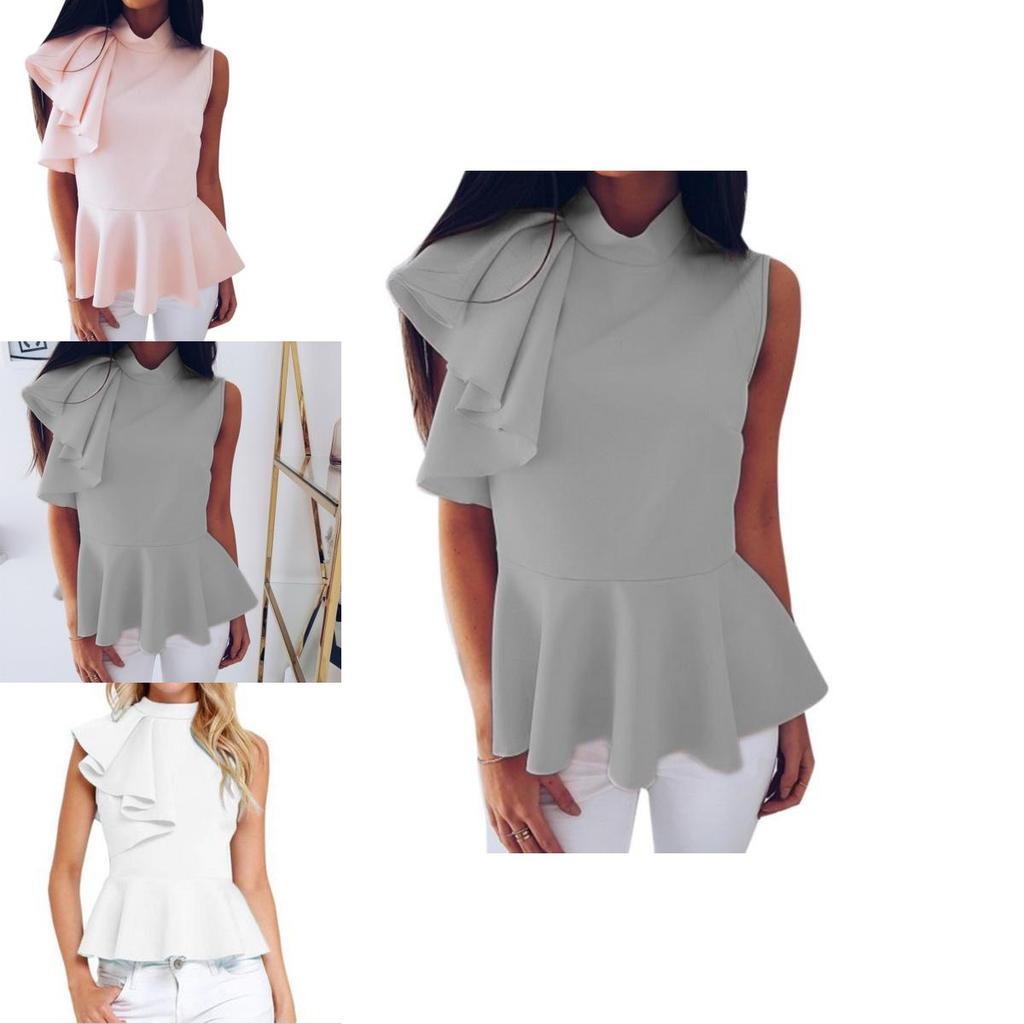 Premium Quality Women's Fashion Summer Round Neck Irregular Ruffled Slim Sleeveless Solid Top