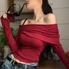 Vintage Red Pullovers Women Slash Neck Slim Long Sleeve Short Basic Sexy Pleated New Hot Chic Ulzzang Streetwear All-match