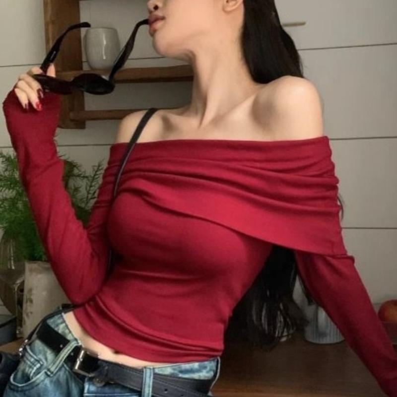 Vintage Red Pullovers Women Slash Neck Slim Long Sleeve Short Basic Sexy Pleated New Hot Chic Ulzzang Streetwear All-match