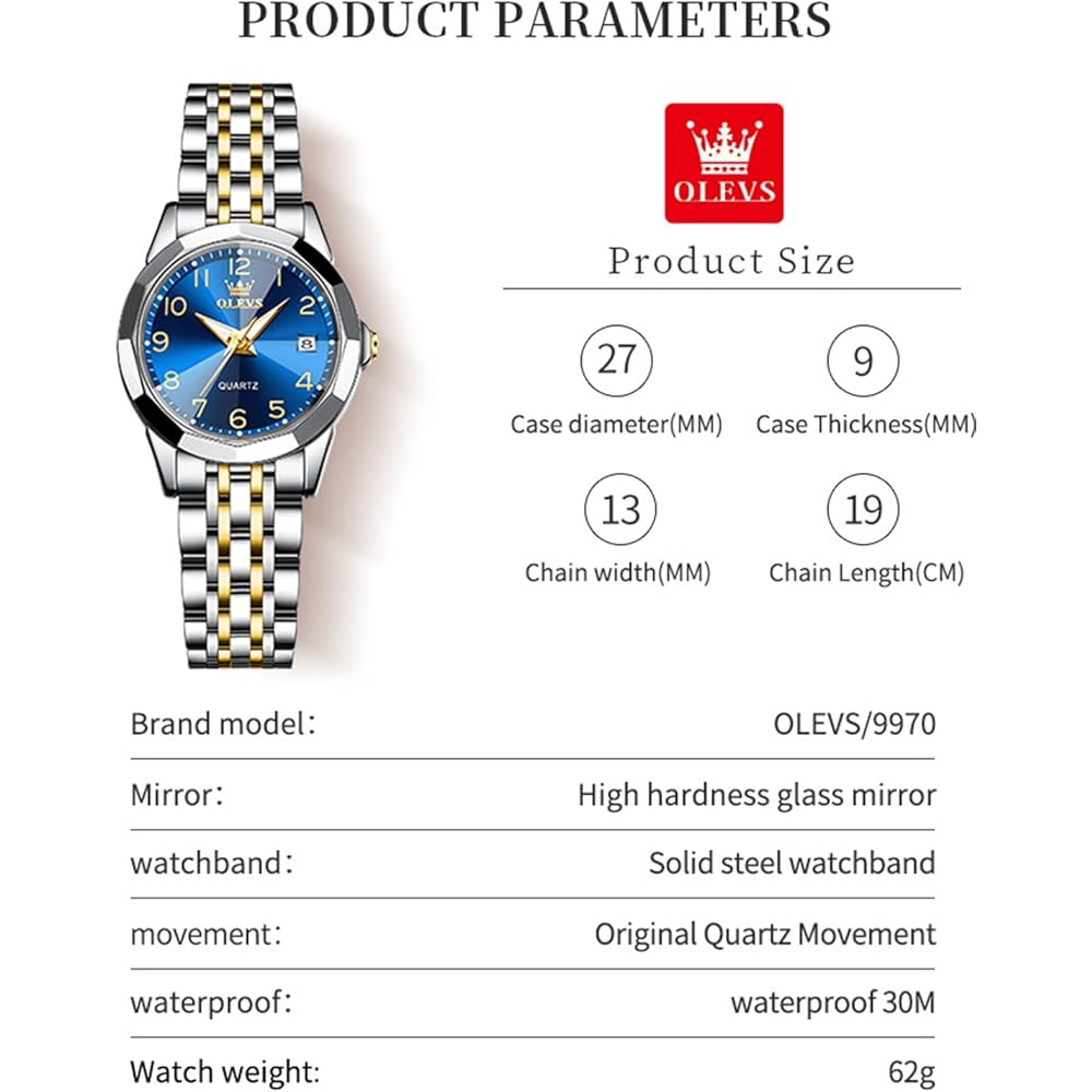OLEVS Women's Fashion Dress Watch Analog Quartz Waterproof Stainless Steel Two-Tone Gold-Blue with Diamond and Date Display
