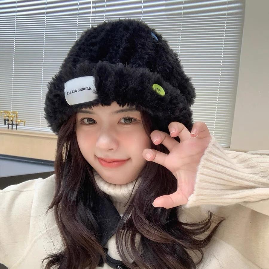 White deer button hat women's autumn and winter plush warm knitted bucket hat cold hat big head circumference wool hat basin hat