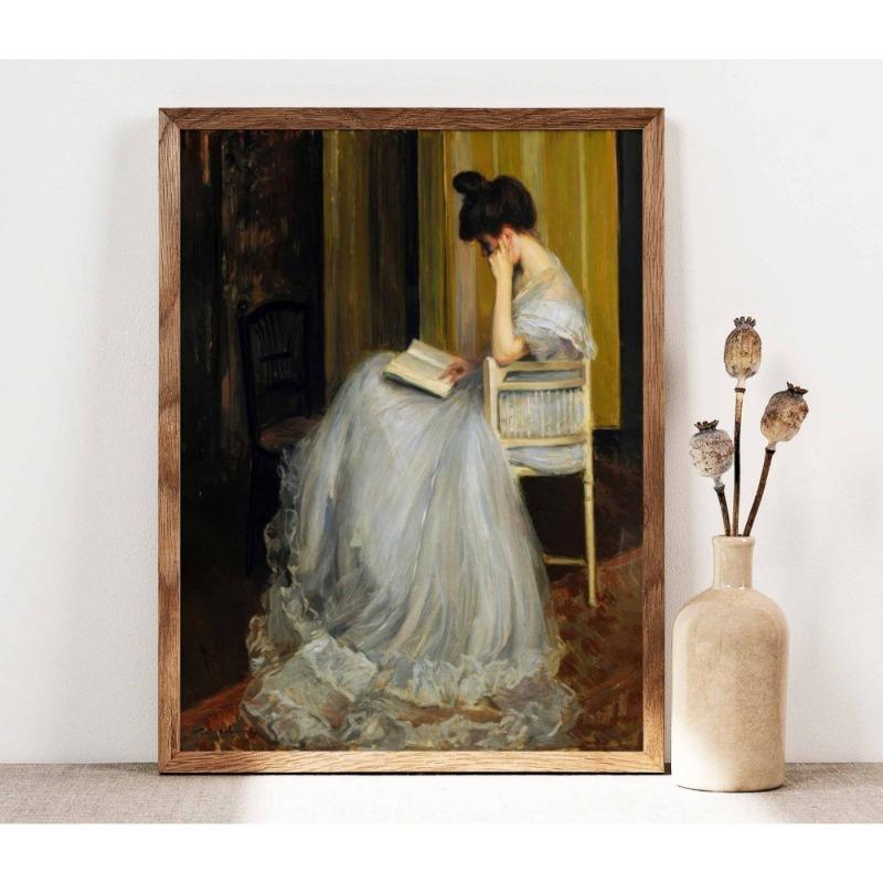 Vintage European Portrait of a Reading Lady Art Print Retro Aesthetic Woman In Beautiful Light Dress Canvas Painting Home Decor