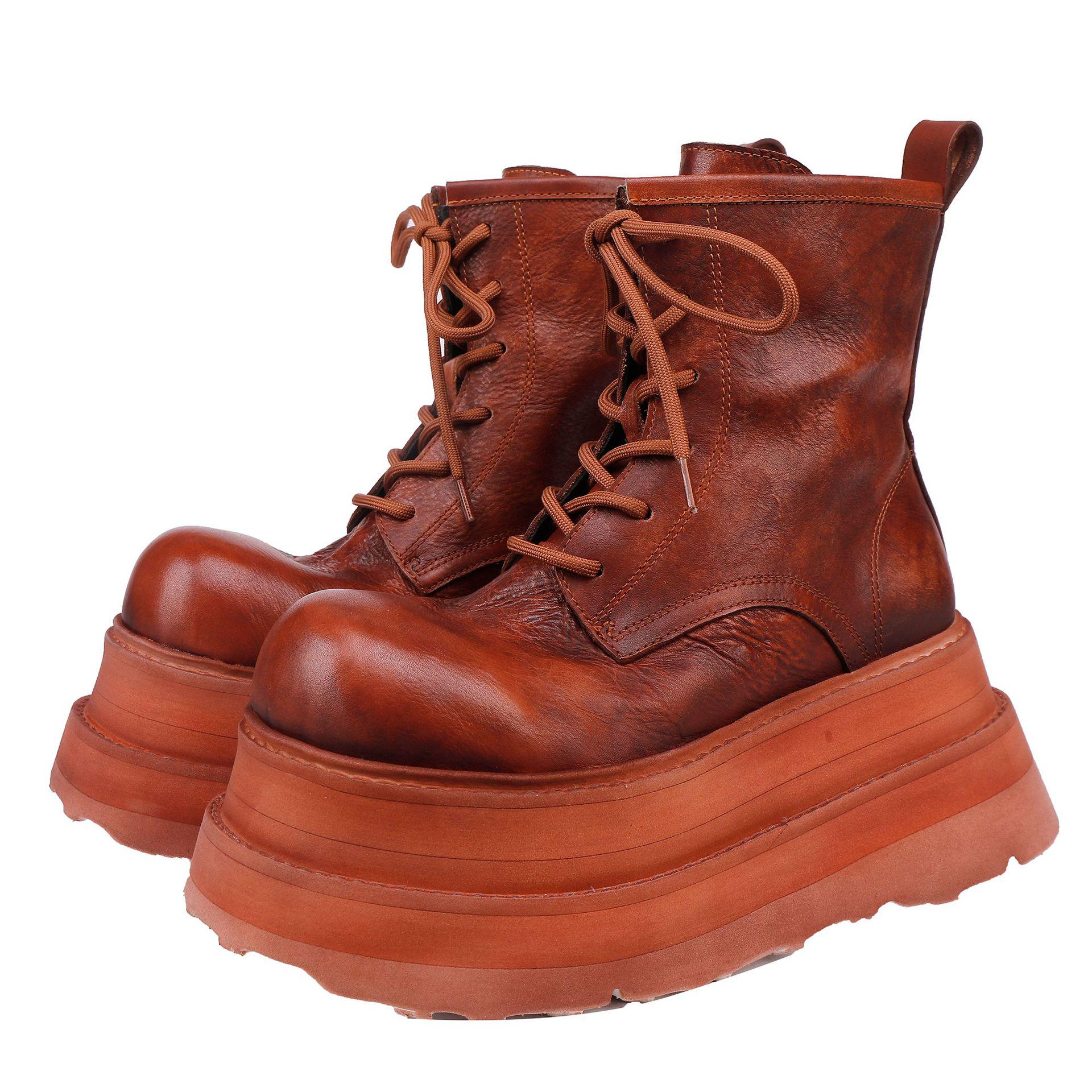 

Женские ботинки Мартина на небольшой платформе 2025 Осень/Зима - Короткие ботинки на шнуровке из вымытой коровьей кожи 34 коричневый