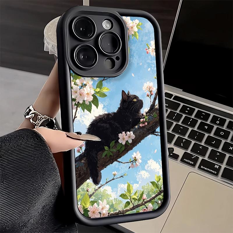 Phone Case for iPhone 17 Air 16E 15 16 Pro Max Black Cat Aesthetic Pattern Cover 14 Plus 13 12 Mini Soft Shell Silicone Fundas
