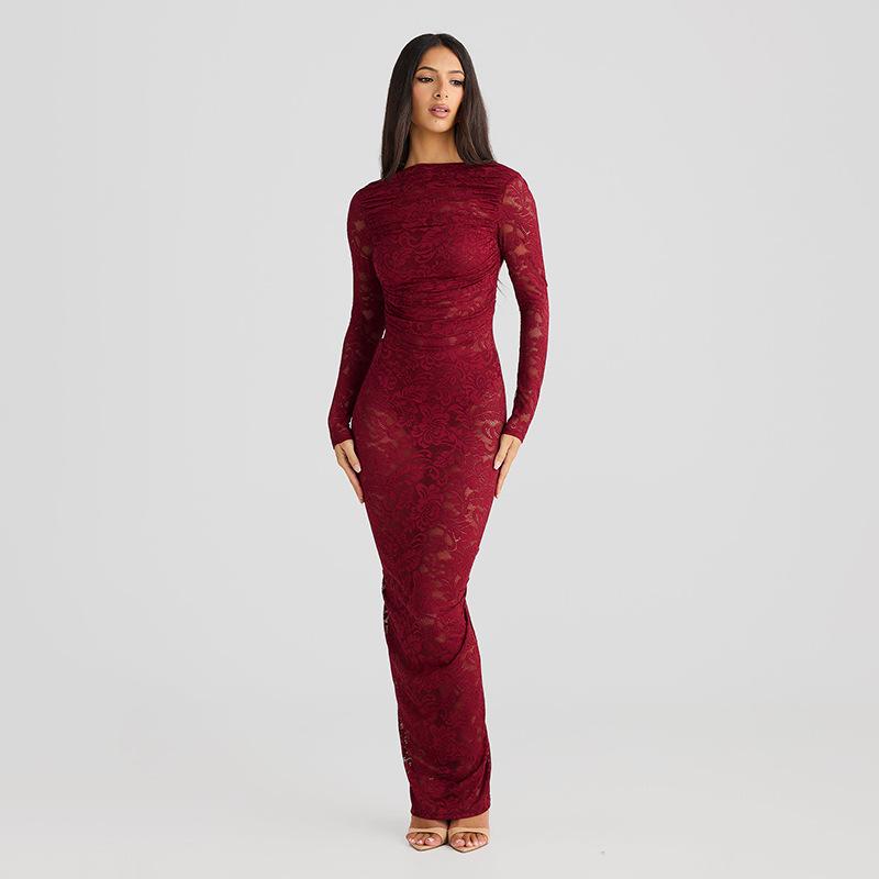 

Платье с открытой спиной, кружевное, цветочное, прозрачное, облегающее, с длинными рукавами, в уличном стиле Large вино красного
