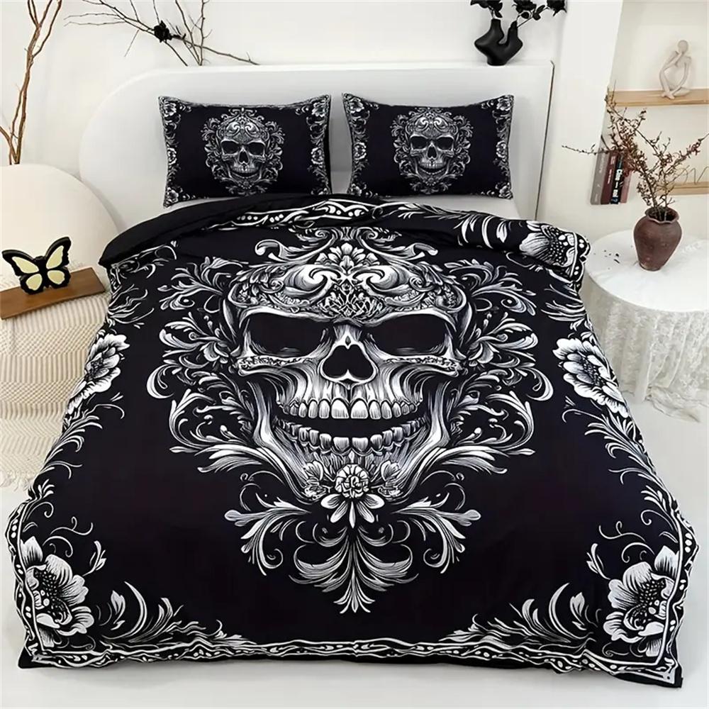 Gothic Skull Duvet Cover Set Black White Design Victorian Baroque Queen King Size Bedding Set With Pillowcase For Bedroom