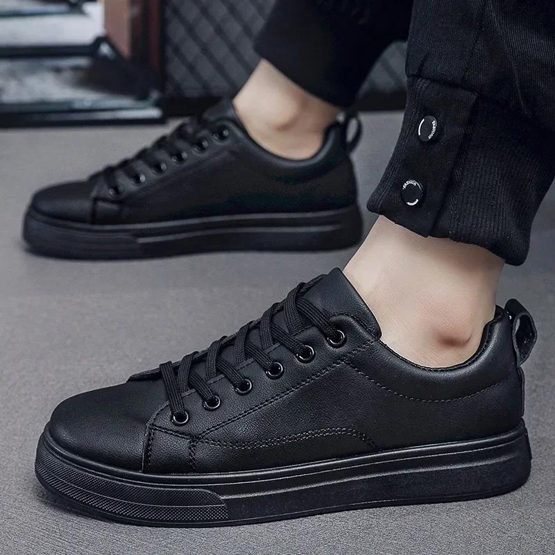 High Quality Men's Sneakers Light PU Leather Casual Shoes for Men Lace Up Flats Luxury White Black Tenis Shoes