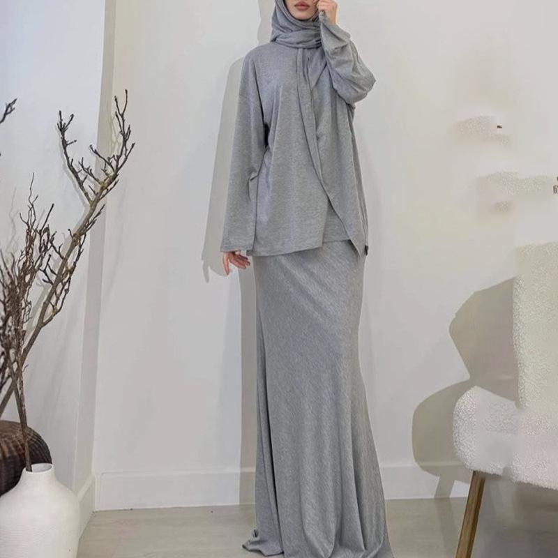 Conjunto de Moda Primavera 2025 para Mujer: Pañuelo de Cabeza de Oriente Medio y Falda Midi de Manga Larga