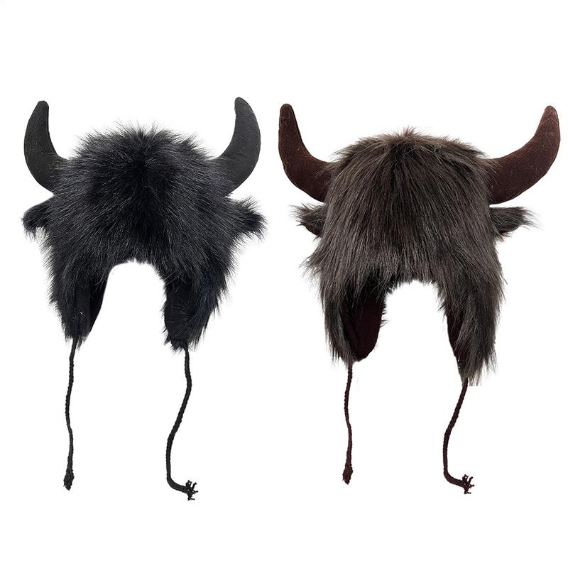 Bison Hat Plush Earflap Hat with Horns Fluffy Ear Headwear for Party Cosplay Props Furry Plush Snow Trapper Hat Winter Warm