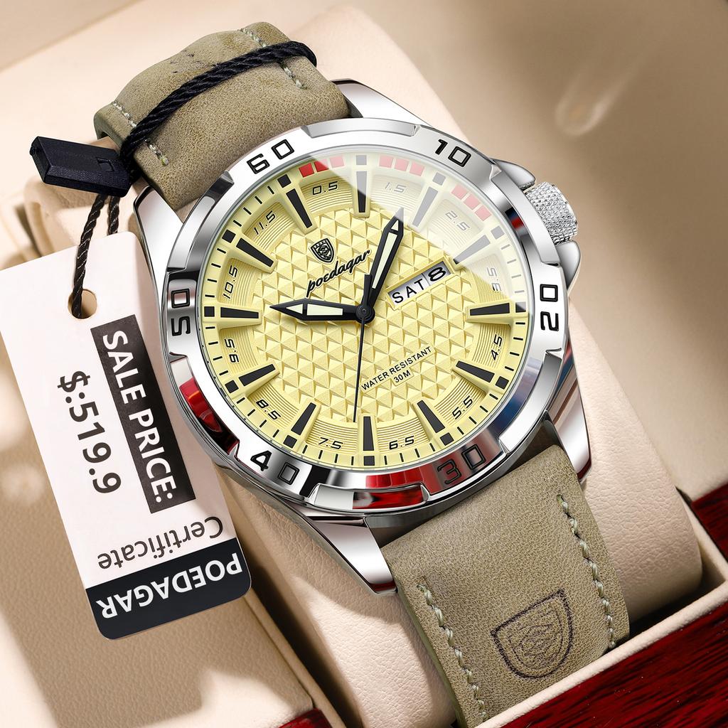 Top Luxury Waterproof Luminous Date Week Watch For Men Quartz Sport Leather Men's Watches