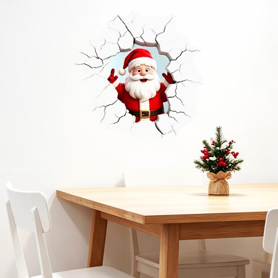 PVC Santa Wall Art for Balcony 3D Claus Sticker, Realistic Breaking Decal Christmas Holiday Decoration, Glass Clings Waterproof Indoor Outdoor Windows