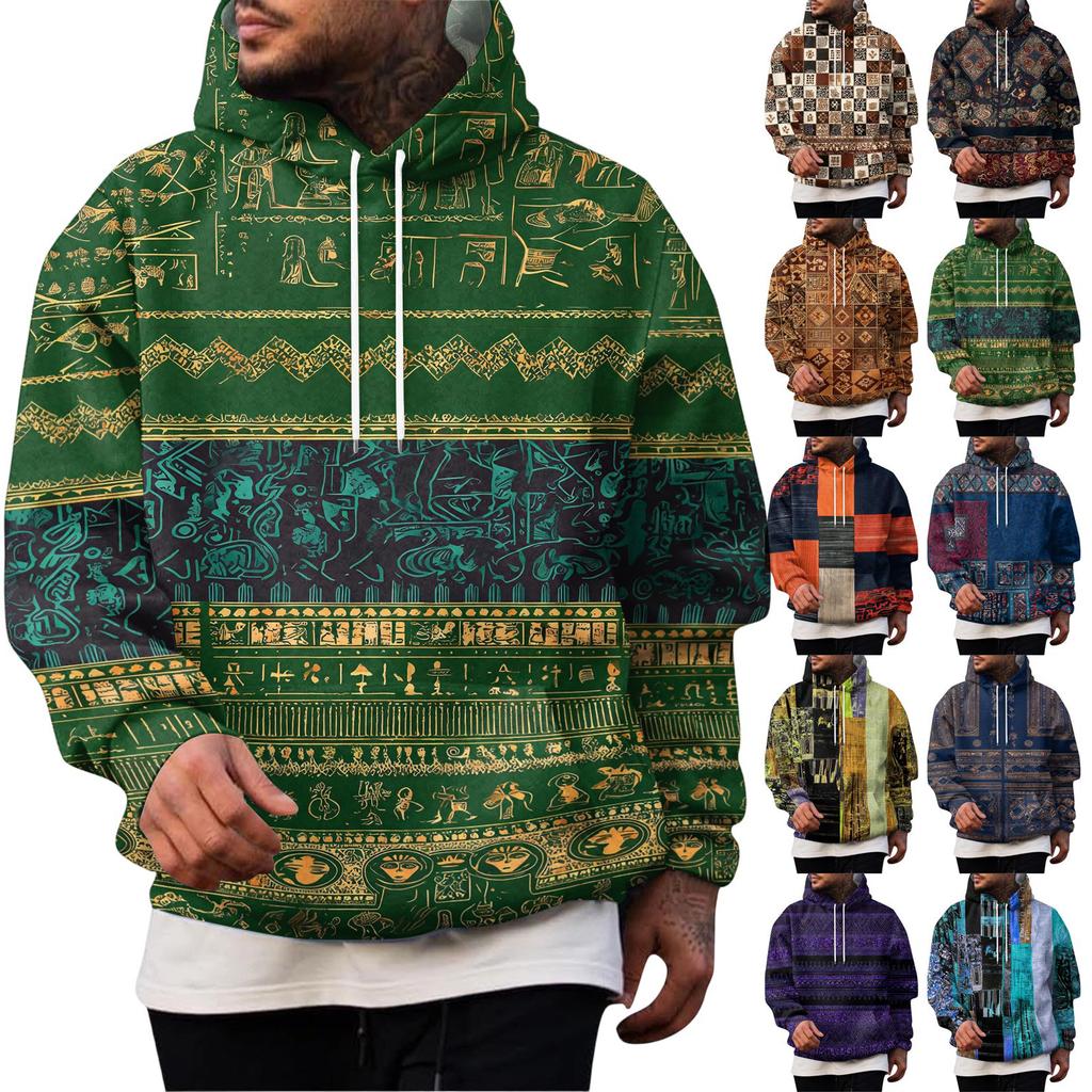 Men's Vintage Hoodie with Print and Patchwork Design, Single Pocket Casual Top