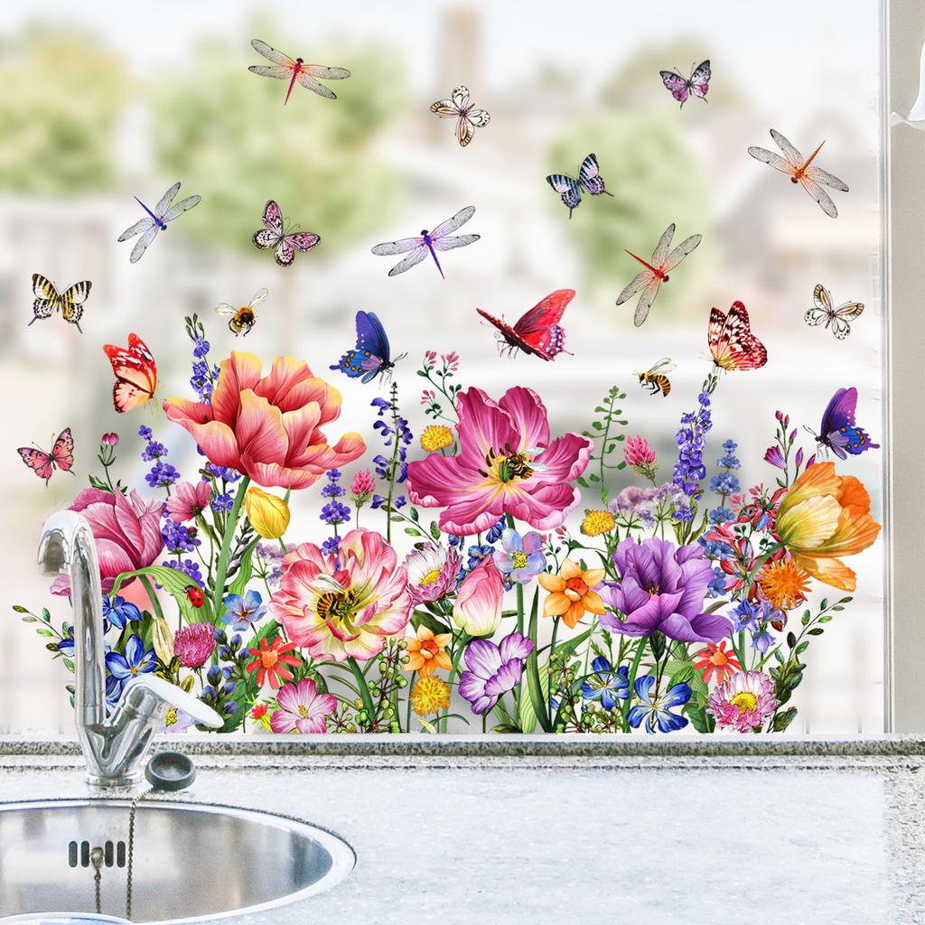 Various Styles of Colorful Butterfly and Floral Static Cling Window Stickers Double-Sided Visible Decorative Window Removable