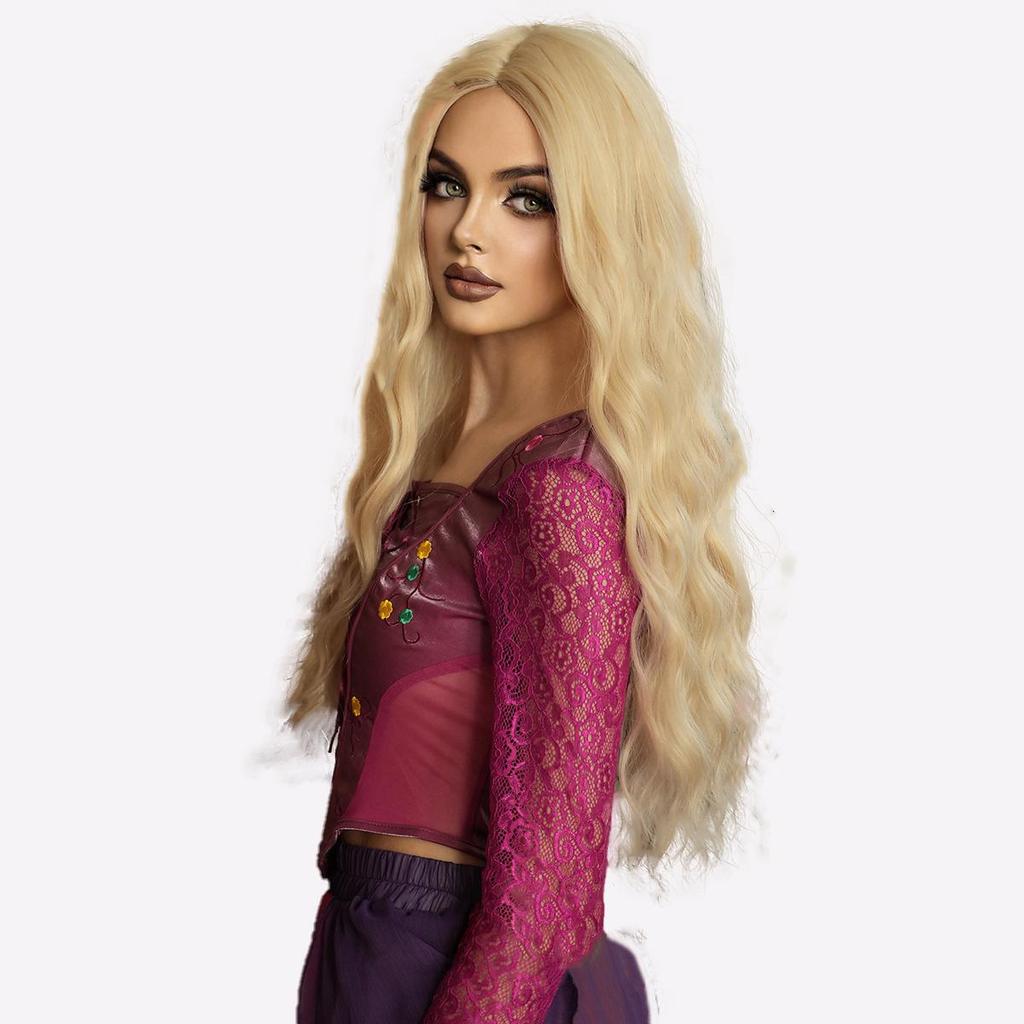 Hocus Pocus Witch Wig -Golden Blonde Wavy Halloween Hair with Middle Part, Premium Cosplay Synthetic Hair for Women, 90s Party Accessories