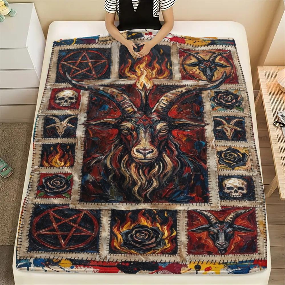 1Pc Goat Demon Print Flannel Blanket, High quality Comfortable for All Seasons, Home Decor, Warmth and Comfort, Perfect for Christmas Gifts W143