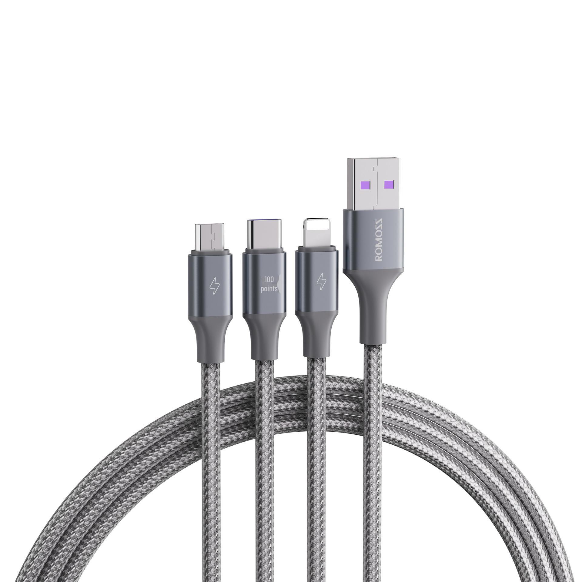 

Кабель быстрой зарядки 3-в-1 6A от ROMOSS для устройств Apple, Android и Type-C Space Gray