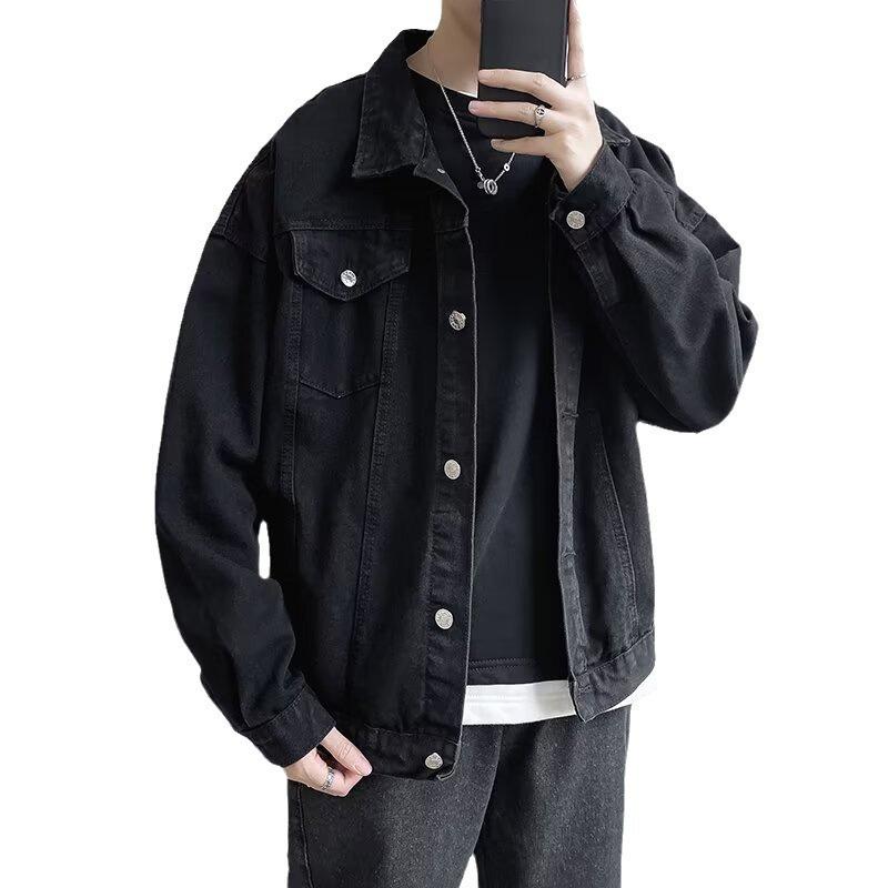 2024 Men's Loose Fit Black Denim Jacket - Korean Fashion, Retro Workwear Style