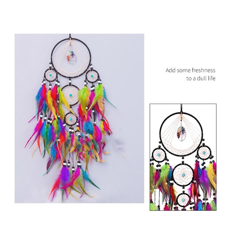 Colorful Crystal Stone Woven Dreamcatchers Wall Art Handmade Feathered Tassels Wall Hanging Ornament for Home Decors