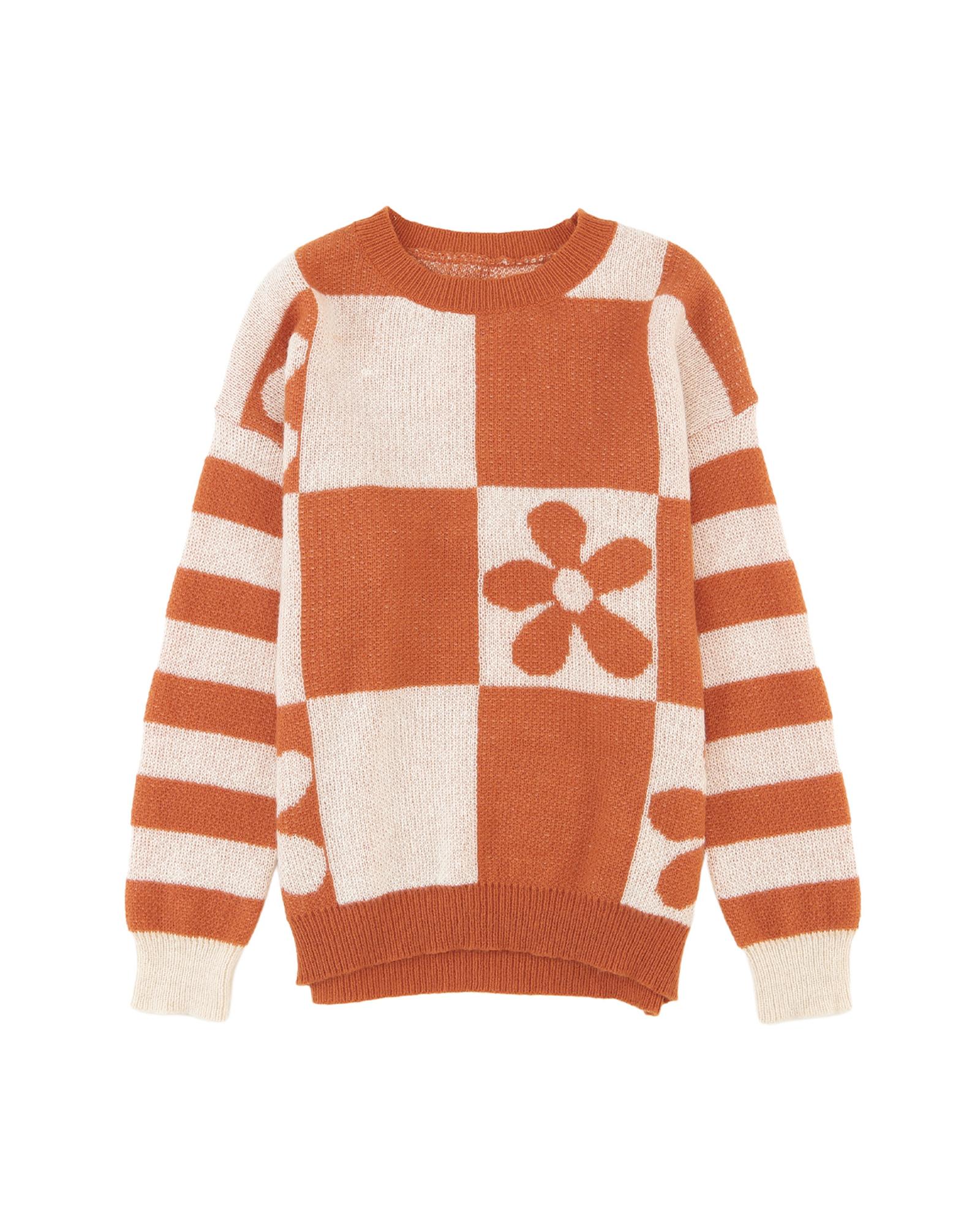 

Azura Exchange Checkered Floral Print Striped Sleeve Sweater L коричневий
