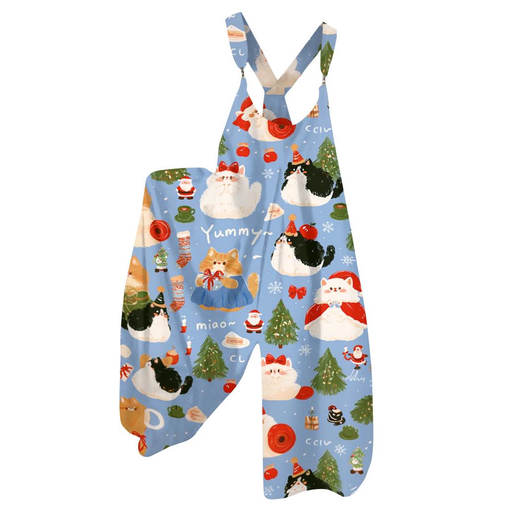 Women's Summer Suspender Jumpsuit with Retro Christmas Print and Non-Adjustable Straps