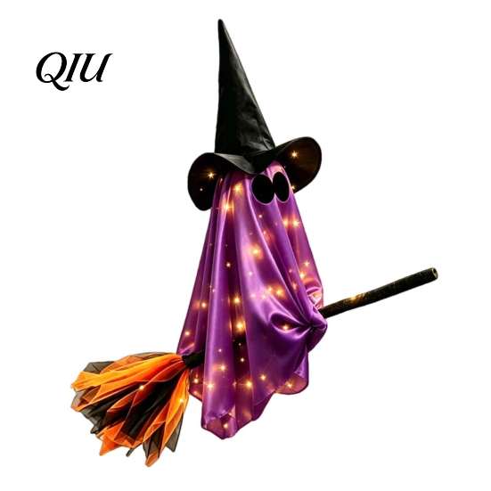 Illuminated Ghost Tree Ornaments Halloween Flying with Witch Broom, Large Lighted Hanging Decoration Indoor Party Wall Decorations Hat for Lawn Patio