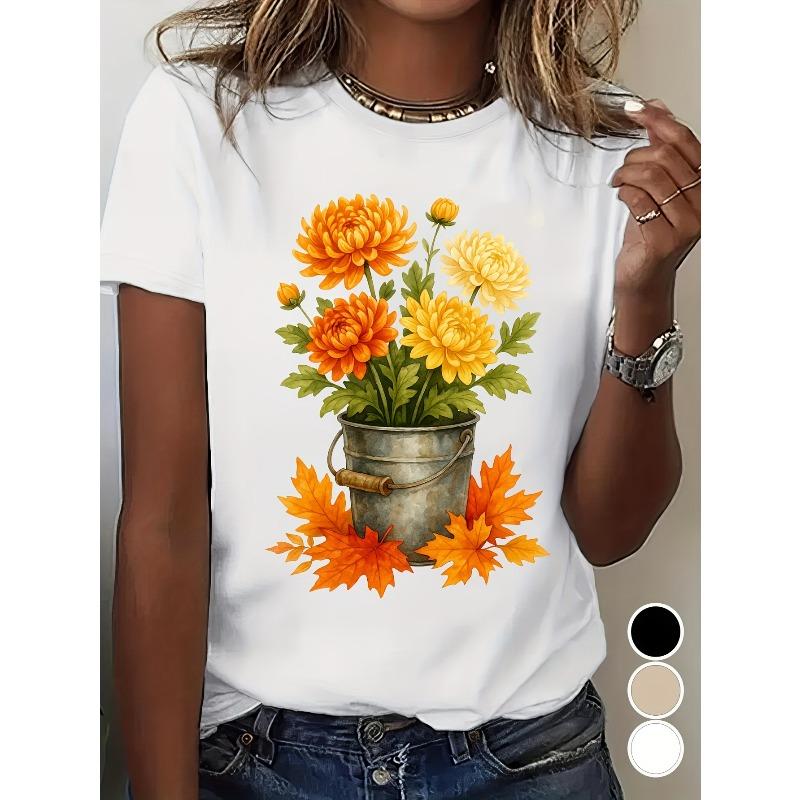 

Женская Винтажная Круглый Вырез Короткий Рукав Футболка Черный Белый Цветочный Принт Оранжевый Желтый Маргаритки Дизайн Ведро Дышащая Всесезонная Повседневная Элегантная S белый