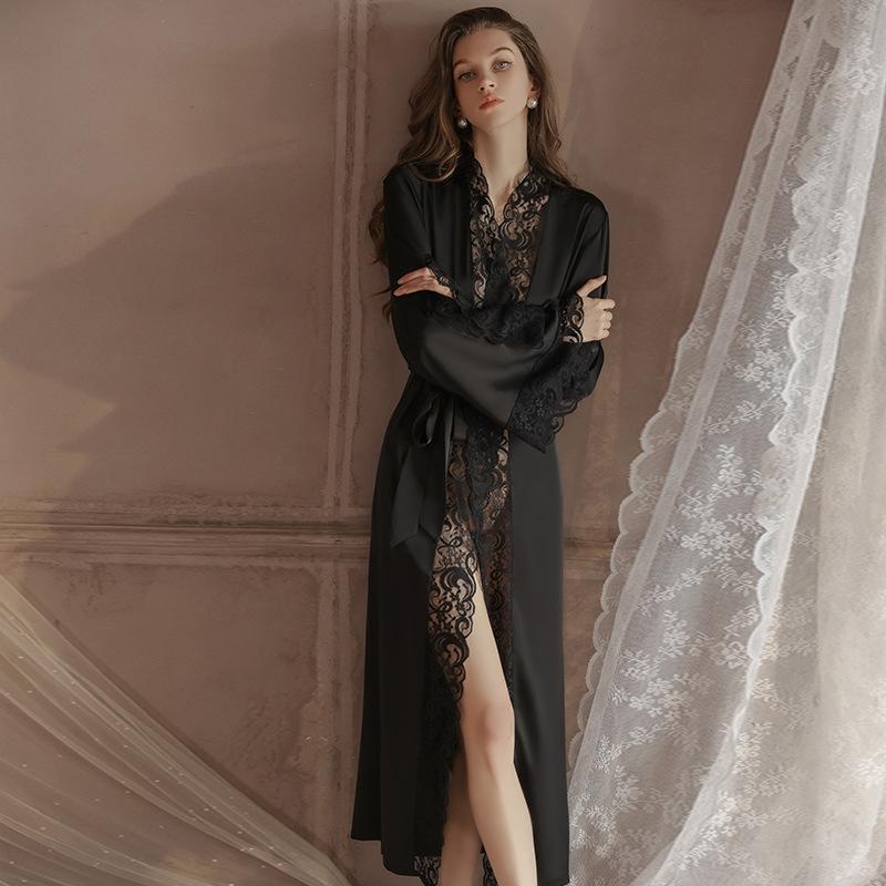 Französisches Morgenkleid Damen Nachthemd Eis Seide Sexy Pyjama Damen Sommer Hof Spitze Langarm Nachthemd Zweiteilige Loungewear