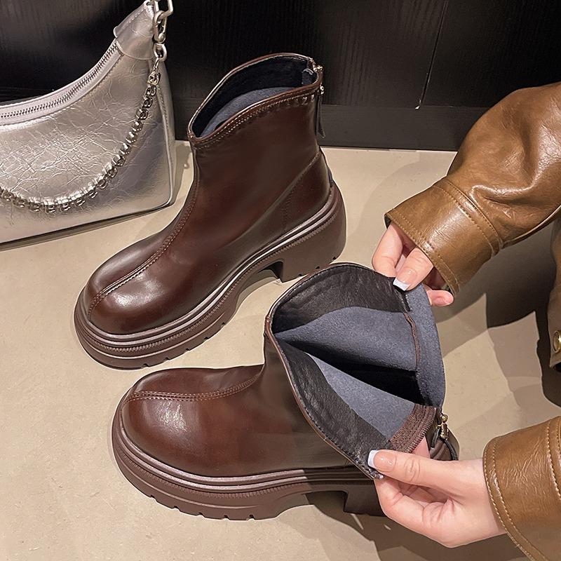 Skinny Back Zipper Booties Women's Autumn and Winter 2026 New Soft Leather Heightened Platform Retro Block Heel Shoes