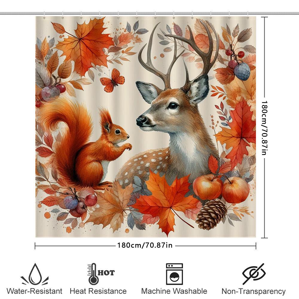 Autumn Leaves Decorative Shower Curtain Deer Squirrel Leaf Print Waterproof Bathroom Decor Modern Design