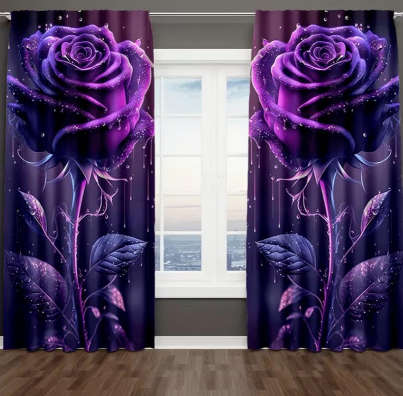 2D Flat, 2pcs/ SetExquisite Purple Rose Curtains, Decorative Flower Curtains Bedroom Fashionable Office Warm Living Room Study