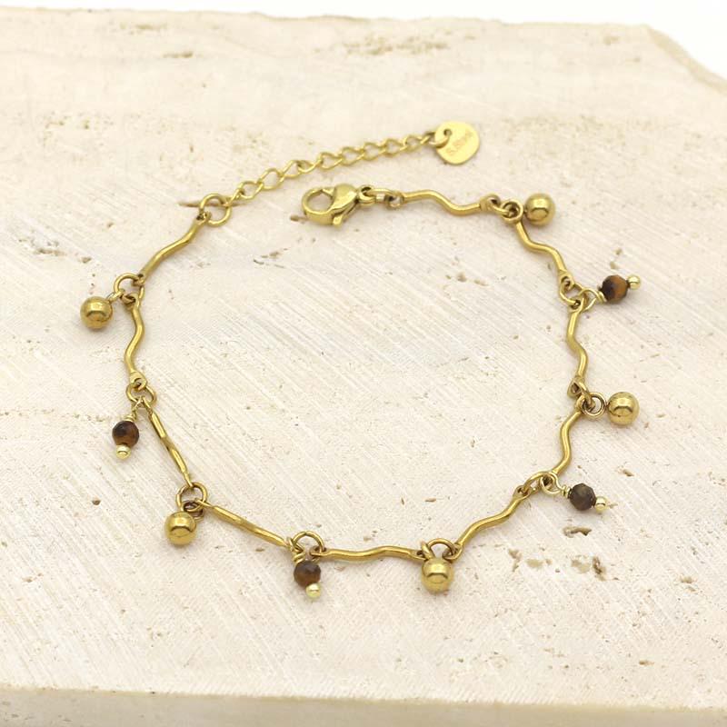 Fresh Natural Stone Bead Pendant Bracelet with Gold-Plated Irregular Chain for Women