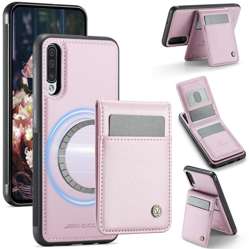 For Samsung Galaxy A50 Leather Back Cover Compatible with MagSafe JEEHOOD J06 Phone Case with Card Bag RFID Blocking
