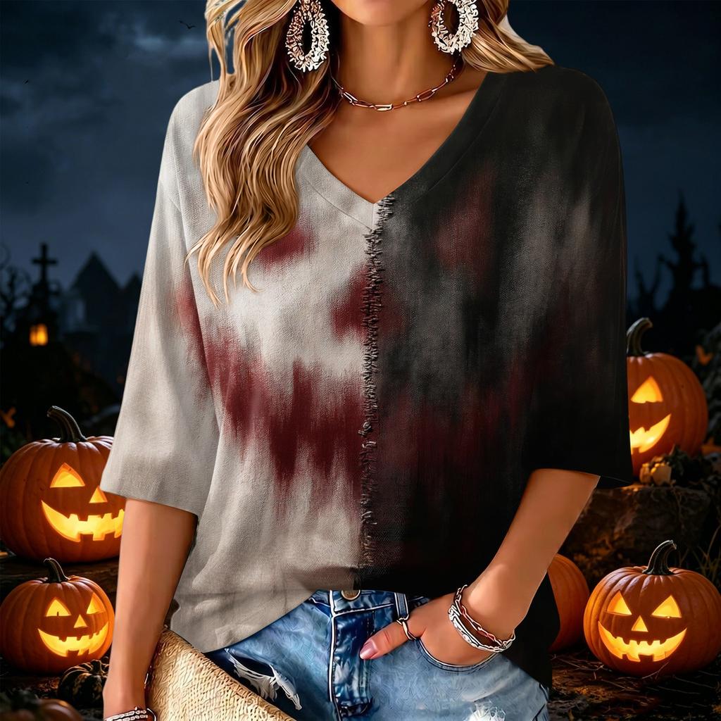 Women's V-Neck Halloween Print Lightweight Blouse for Spring and Summer