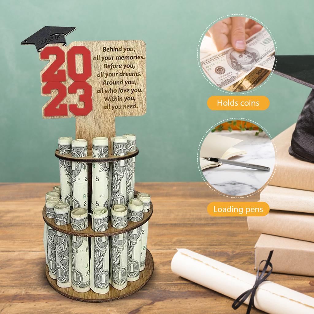 Dřevěný držák na peněžný dort Držák na spořicí peněženku pro nápady na maturitní dárky