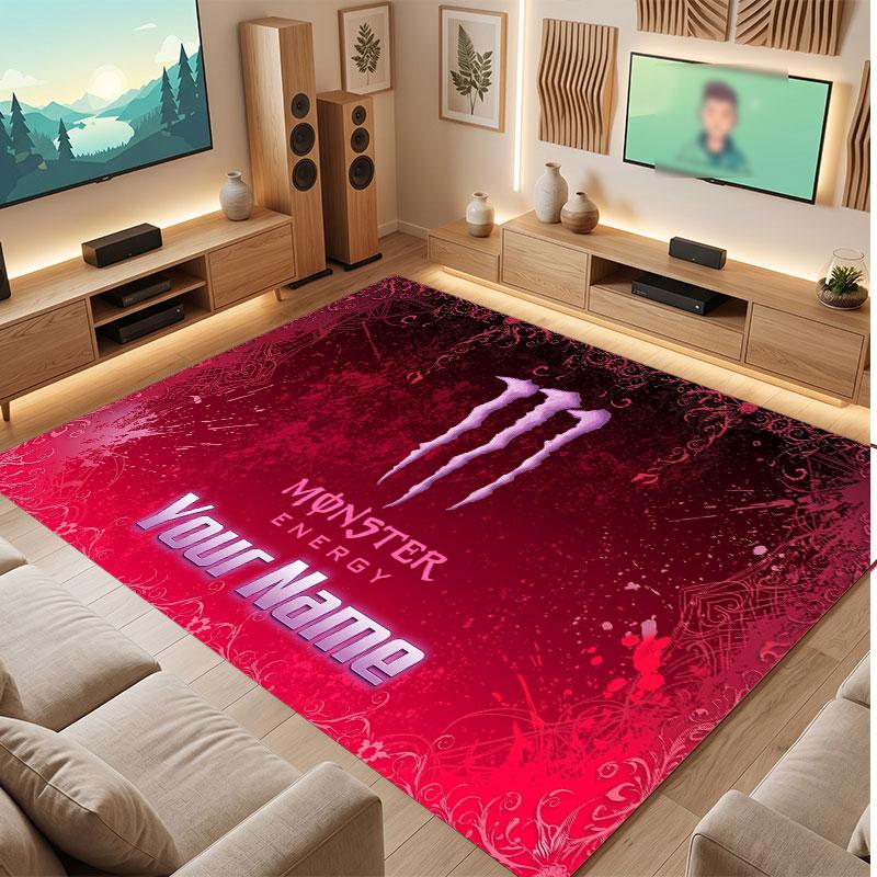 Tappeto in Cristallo Vellutato Personalizzato Monster Energy, Tappeto Morbido Antiscivolo con Testo Nome Personalizzato per Soggiorno Camera da Letto