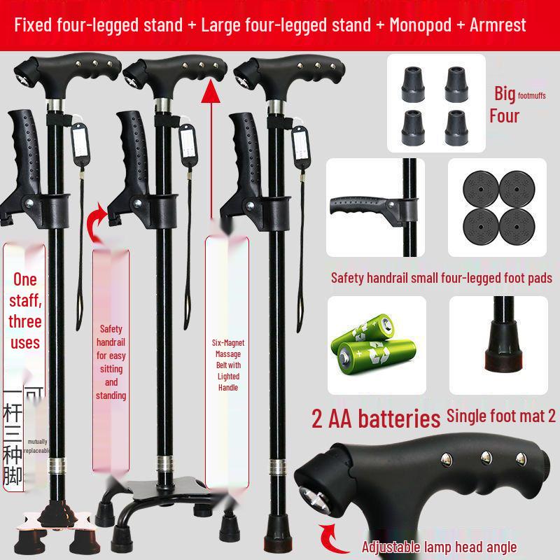 Four-Legged Aluminum Walking Cane with Light, Non-slip, Telescopic, Lightweight, Multi-functional Support for the Elderly