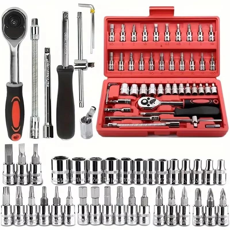 NOU Kit de instrumente pentru repararea mașinii 46/53 bucăți/set Set de prize de 1/4-inch Instrument de reparație auto Cheie dinamometrică Combo Set de instrumente pentru repararea auto